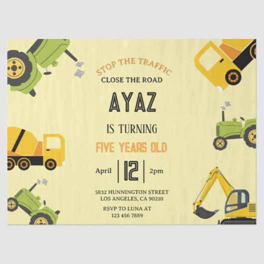 Construction Dump Truck Party Boy Birthday  Tissue Tissuepapier (Voorkant)