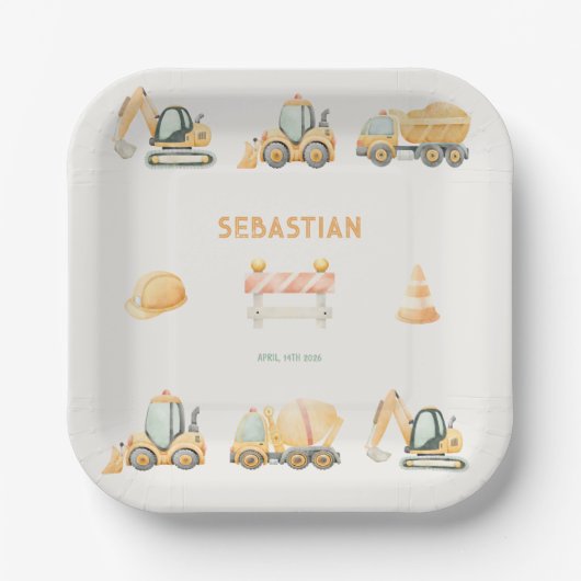 Construction Dump Truck Party Boy First Birthday Papieren Bordje (Voorkant)