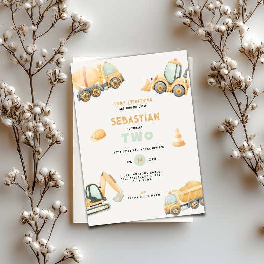 Construction Dump Truck Theme 2nd Birthday Kaart