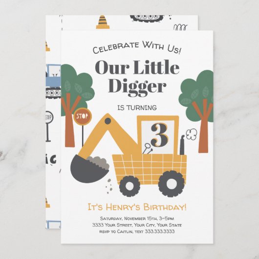 Construction Dump Truck Third Birthday Party  Kaart (Voorkant / Achterkant)