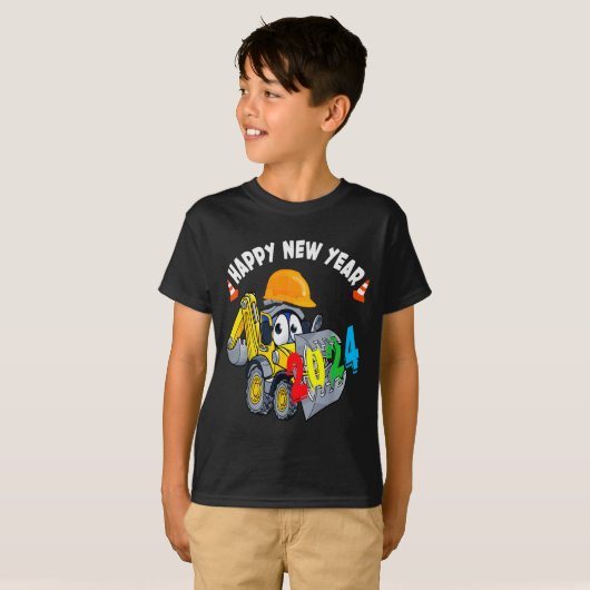 Construction Excavator Happy New Year 2024 For Boy T-shirt (Voorkant volledig)