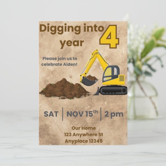 Construction-Excavator Invitation Kaart (Staand voorkant)