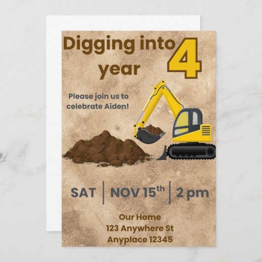 Construction-Excavator Invitation Kaart (Voorkant / Achterkant)