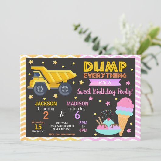 Construction & Ice Cream Joint Birthday Invitation Kaart (Staand voorkant)