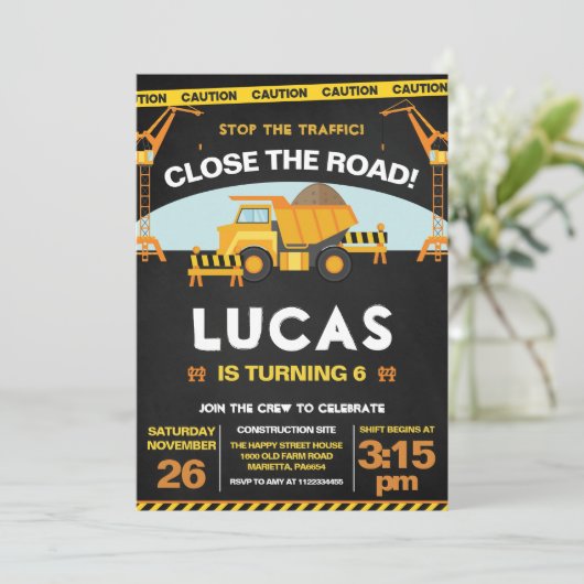 Construction Invitation for Birthday Party Zone Kaart (Staand voorkant)