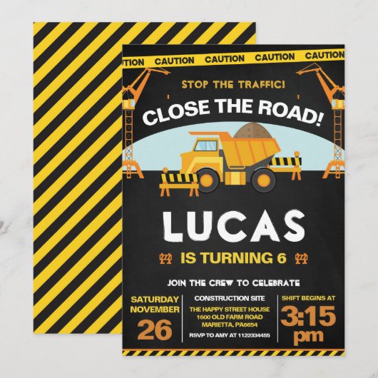 Construction Invitation for Birthday Party Zone Kaart (Voorkant / Achterkant)