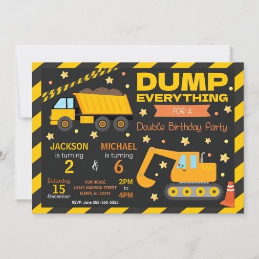 Construction Joint Birthday Invitation Siblings Kaart (Voorkant)