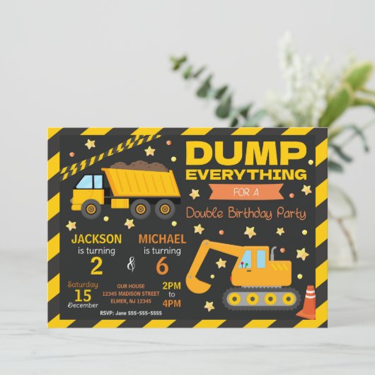 Construction Joint Birthday Invitation Siblings Kaart (Staand voorkant)