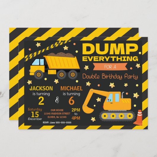 Construction Joint Birthday Invitation Siblings Kaart (Voorkant / Achterkant)