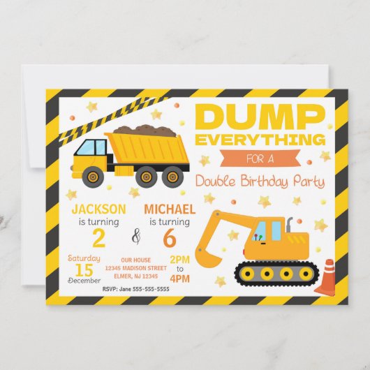 Construction Joint Birthday Invitation Siblings Kaart (Voorkant)