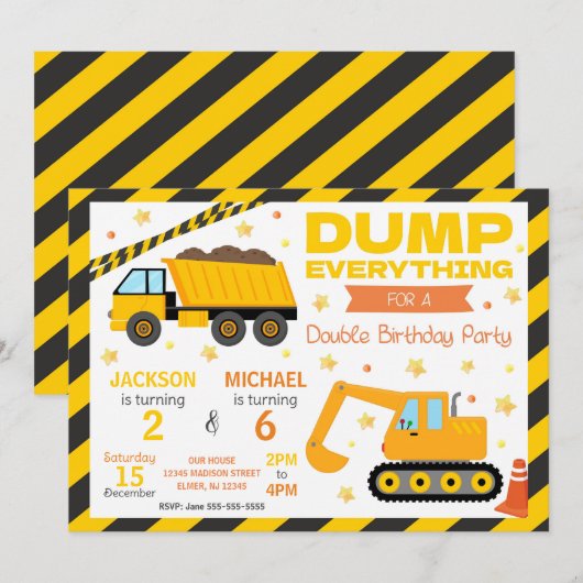 Construction Joint Birthday Invitation Siblings Kaart (Voorkant / Achterkant)