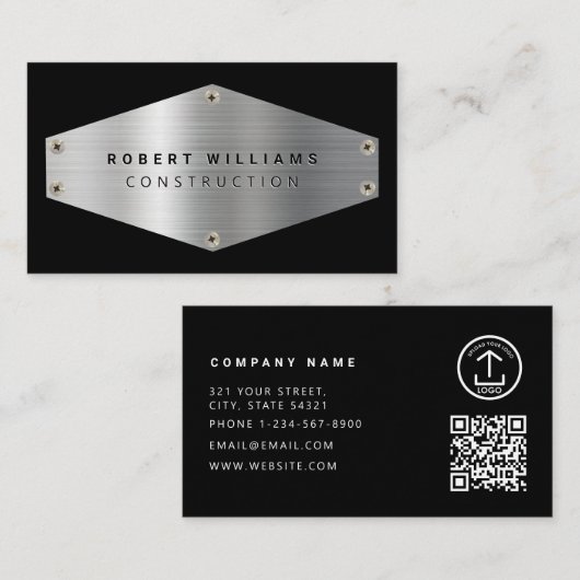 Construction Metal QR Code Black Metallic Silver Visitekaartje (Voorkant / Achterkant)