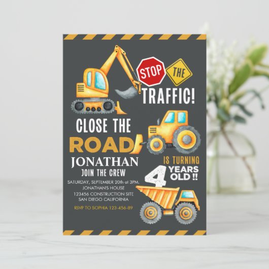 Construction Party for 4th Birthday Boy Kaart (Staand voorkant)