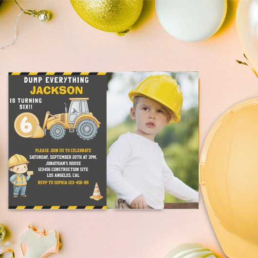 Construction Photo Birthday Invitation Turning 6 Kaart