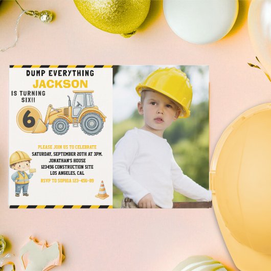 Construction Photo Birthday Turning 6 yellow Kaart
