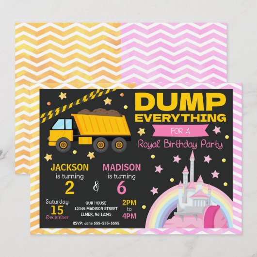 Construction & Princess Joint Birthday Invitation Kaart (Voorkant / Achterkant)