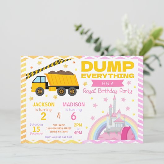 Construction & Princess Joint Birthday Invitation Kaart (Staand voorkant)