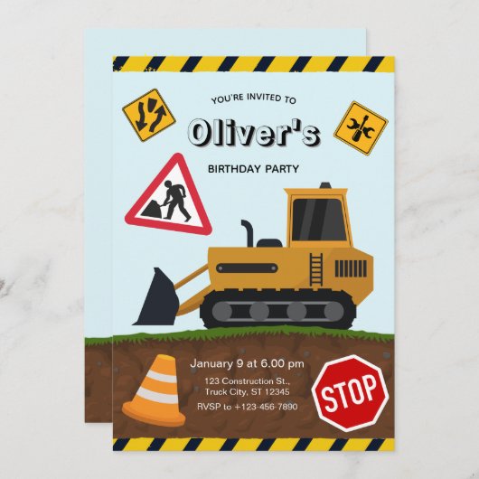 Construction Site Birthday Party Kaart (Voorkant / Achterkant)