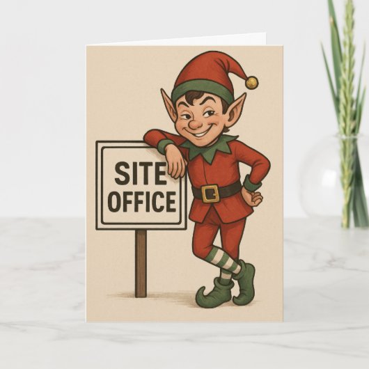 Construction theme Christmas card Elf leaning  Kaart (Voorkant)