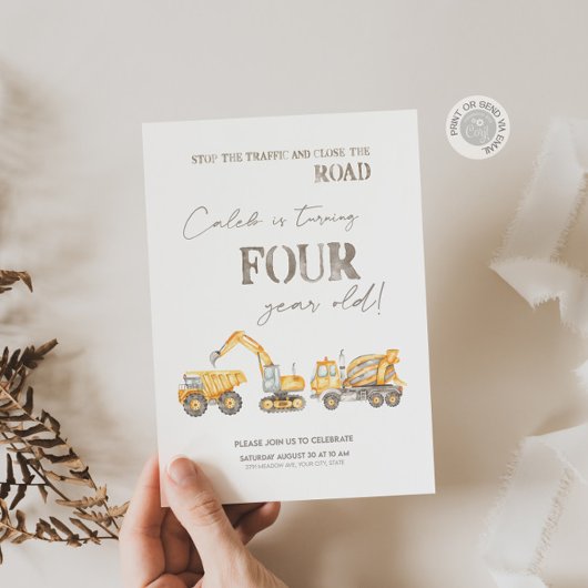 Construction Theme Fourth Birthday Invitation Kaart