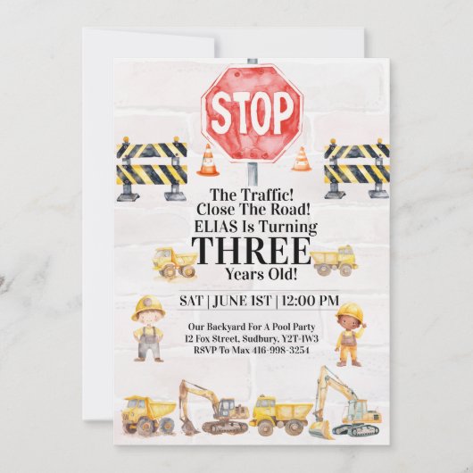 Construction Themed Children's Birthday Invitation Kaart (Voorkant)