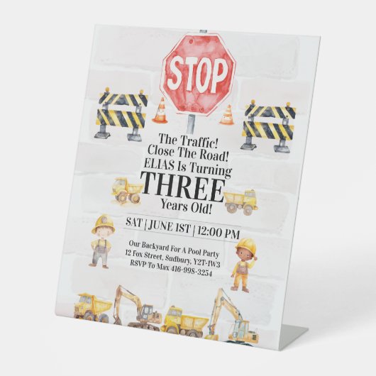 Construction Themed Children's Birthday Invitation Reclamebord Met Voetstuk (Voorkant)