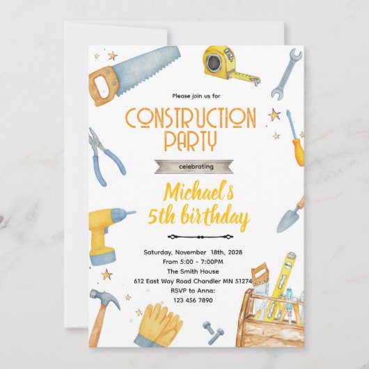 Construction Tools theme invitation Kaart (Voorkant)