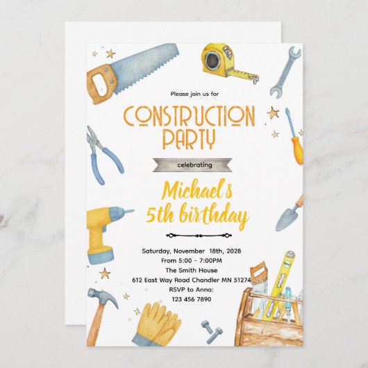 Construction Tools theme invitation Kaart (Voorkant / Achterkant)