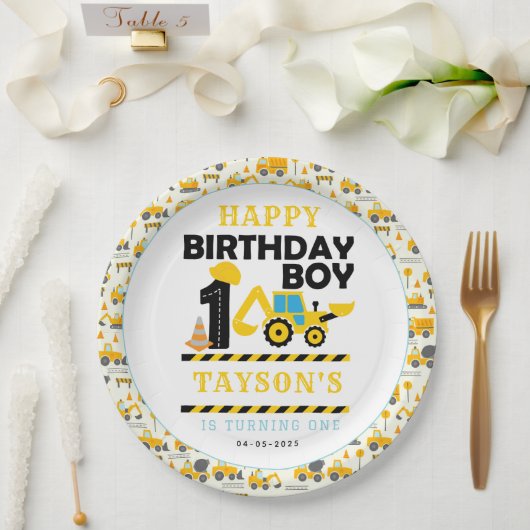 Construction Truck 1st Birthday | Kids Party Papieren Bordje (Huwelijk)