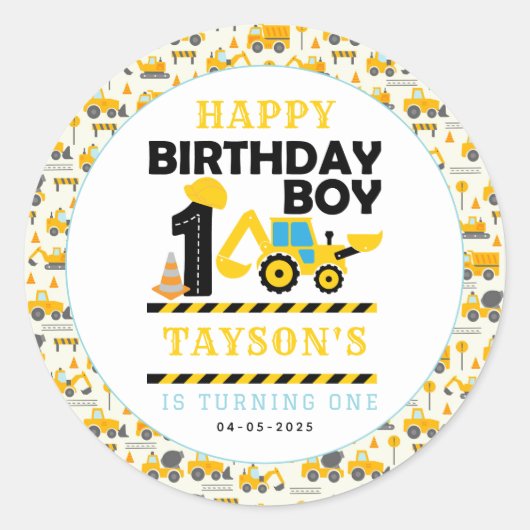 Construction Truck 1st Birthday | Kids Party Ronde Sticker (Voorkant)