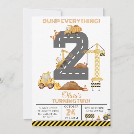 Construction Truck 2nd Birthday Invitation Kaart (Voorkant)