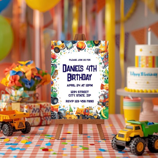 Construction Truck Birthday Invitation Watercolor Kaart