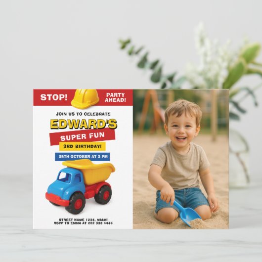 Construction Truck Birthday with photo Kaart (Staand voorkant)