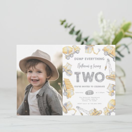 Construction Truck TWO 2nd Birthday Party Kaart (Staand voorkant)