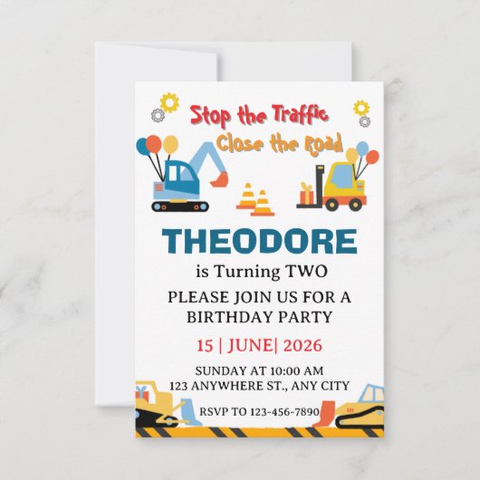 Construction Truck Vehicles Boys 2nd Birthday Bedankkaart (Voorkant)