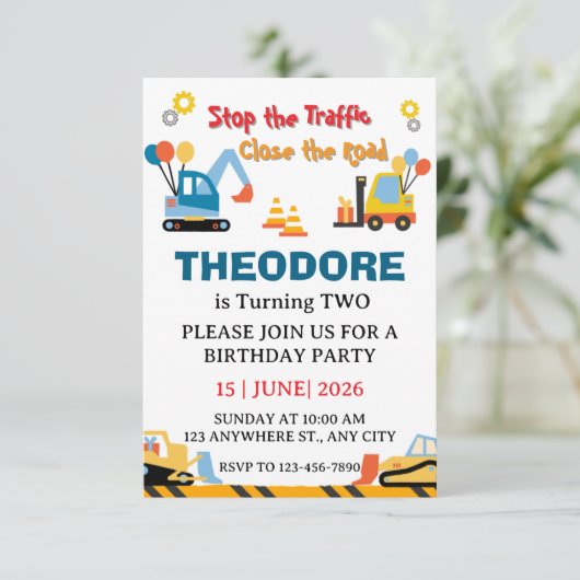 Construction Truck Vehicles Boys 2nd Birthday Bedankkaart (Staand voorkant)