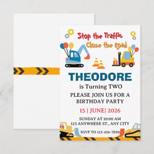 Construction Truck Vehicles Boys 2nd Birthday Bedankkaart (Voorkant / Achterkant)