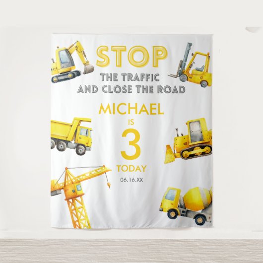 Construction Trucks Birthday Photo backdrop Wandkleed (Voorkant)