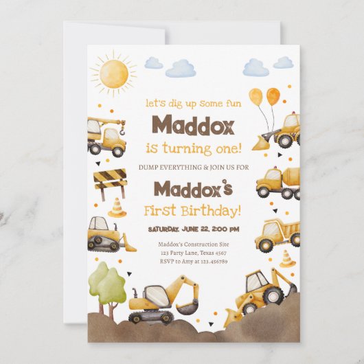 Construction Trucks Boy 1st First Birthday Kaart (Voorkant)