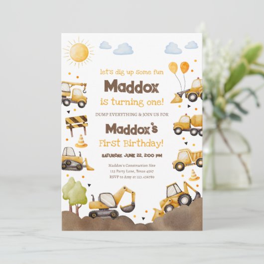 Construction Trucks Boy 1st First Birthday Kaart (Staand voorkant)