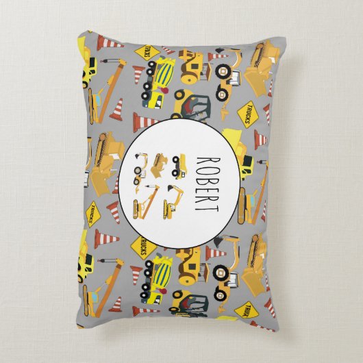 Construction Trucks Pattern Gepersonaliseerd Naam Accent Kussen (Achterkant (Verticaal))