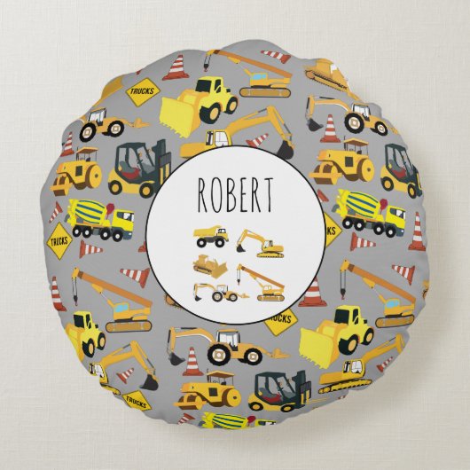 Construction Trucks Pattern Gepersonaliseerd Naam Rond Kussen (Achterkant)