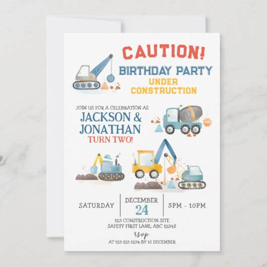 Construction Trucks, Twin Boys Birthday Party Kaart (Voorkant)