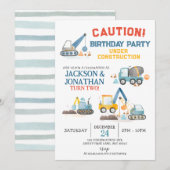 Construction Trucks, Twin Boys Birthday Party Kaart (Voorkant / Achterkant)