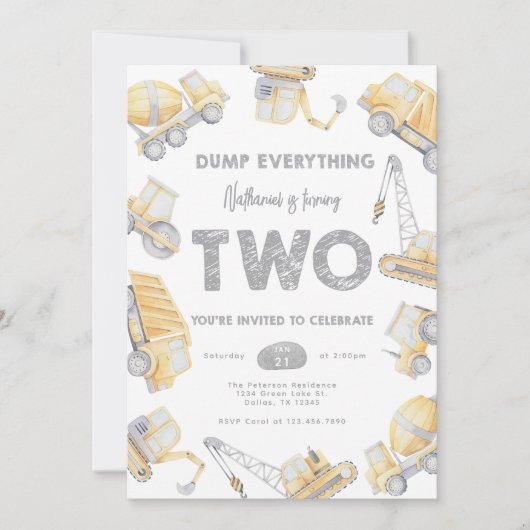 Construction TWO 2nd Birthday Party Kaart (Voorkant)