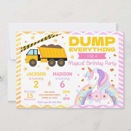 Construction & Unicorn Joint Birthday Invitation Kaart (Voorkant)