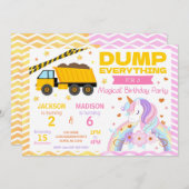 Construction & Unicorn Joint Birthday Invitation Kaart (Voorkant / Achterkant)