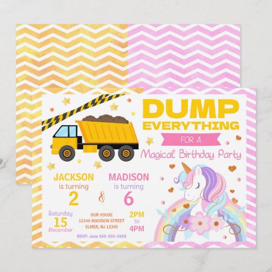 Construction & Unicorn Joint Birthday Invitation Kaart (Voorkant / Achterkant)