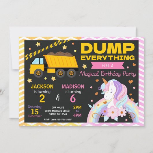 Construction & Unicorn Joint Birthday Invitation Kaart (Voorkant)