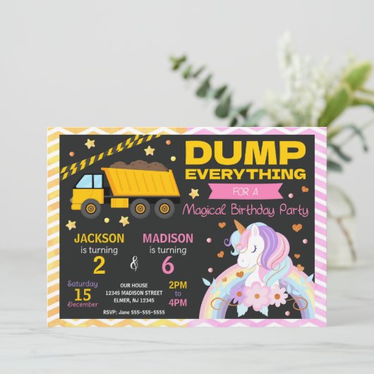 Construction & Unicorn Joint Birthday Invitation Kaart (Staand voorkant)